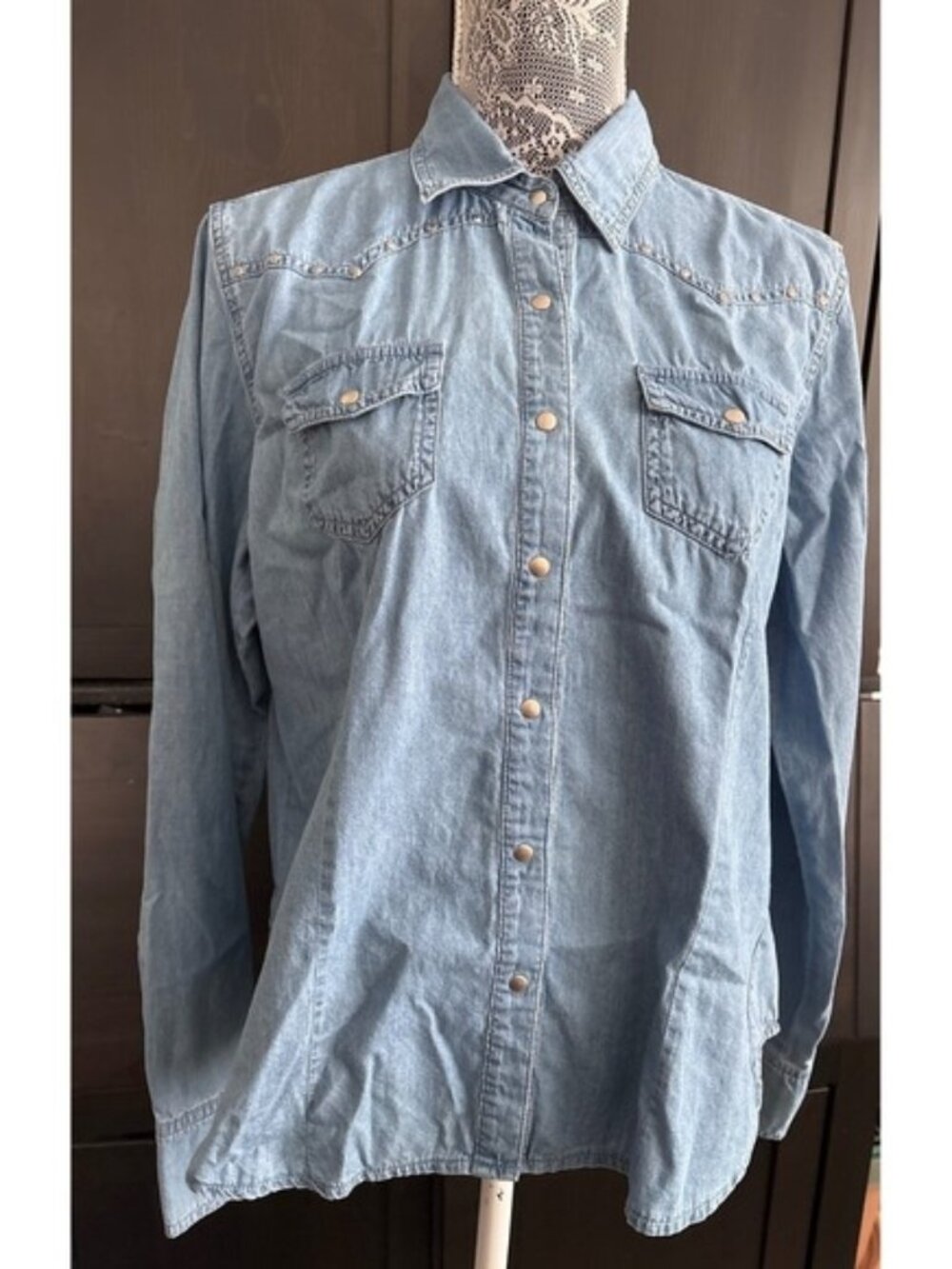 Red Tulips Denim Button Up Western Style Stitching Silver Buttons Shirt Xl